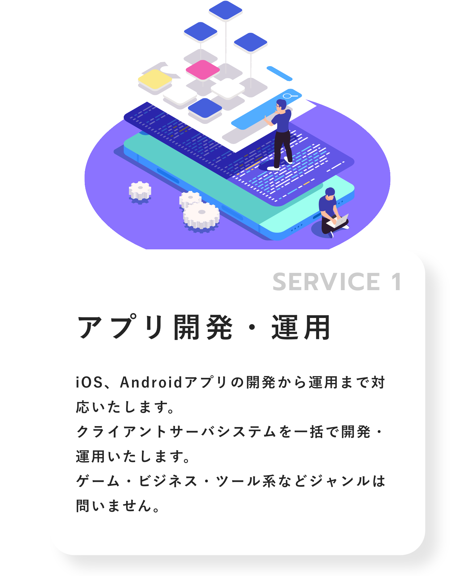 SERVICE 01.アプリ開発・運用 OS、Androidアプリの開発から運用まで対応いたします。クライアントサーバシステムを一括で開発・運用いたします。ゲーム・ビジネス・ツール系などジャンルは問いません。